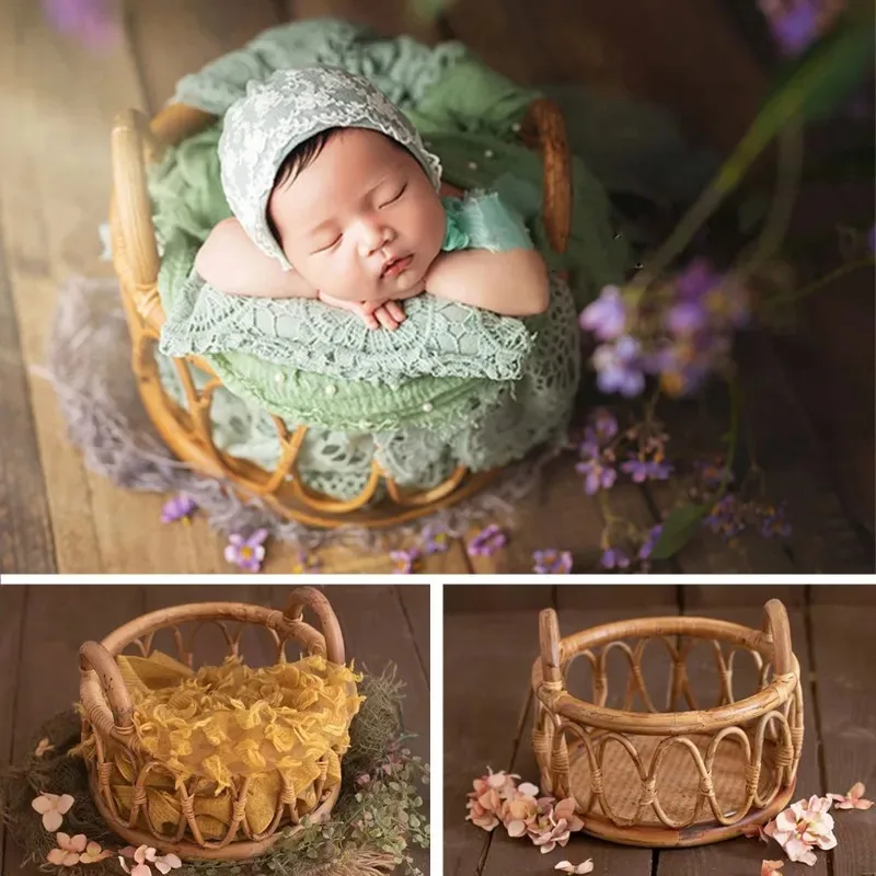 Photography Background - Cesta Redonda Tejida Retro con Asa,